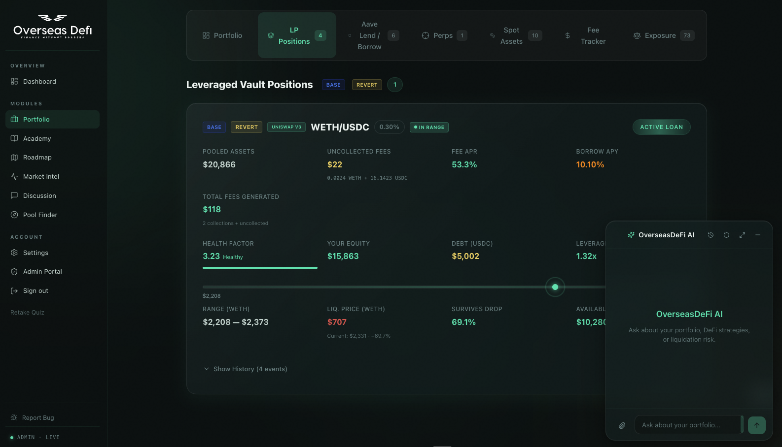 Overseas DeFi position dashboard with AI coach